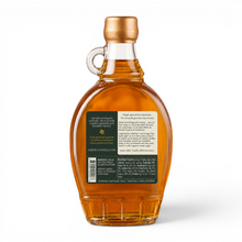 Load image into Gallery viewer, Shagbark Hickory Syrup 8 oz flask bottle with a gold wax dipped cap, green and cream Arbor and Field Label on the back with pairing suggestions and a description of how the product is crafted. Clean white background, premium look and feel. 
