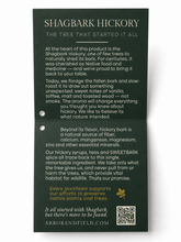 Load image into Gallery viewer, Dark green label with white text about Shagbark Hickory on a white background
